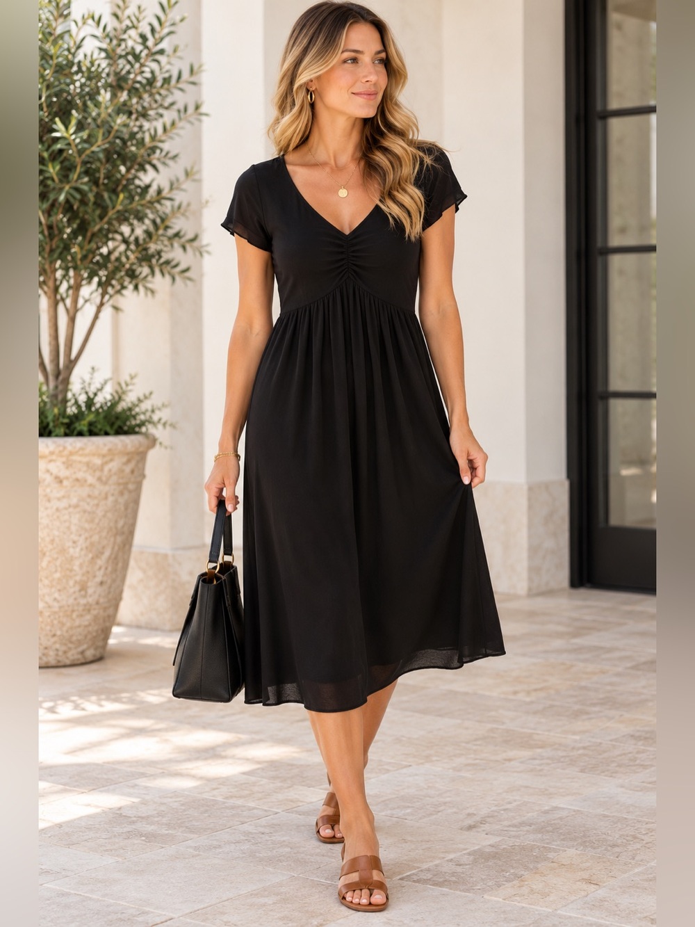 Boden Black Tencel Midi Dress Size 6 Ruched V-Neck Quiet Luxury